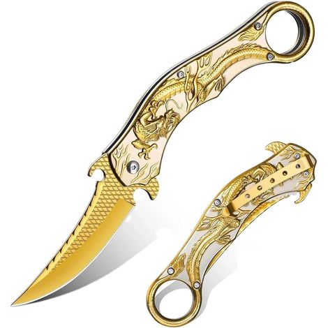 Klappmesser mit 3D Drachenprägung, Gold, Geschenkbox, Outdoor & Camping