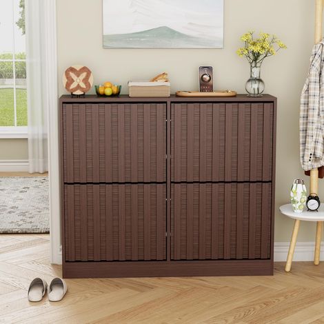 UEV Armoire à Chaussures avec 4 Abattants, Meuble à Chaussures Inclinable, Étagère Réglables et Amovibles, Motif en Ligne, pour Entrée, Couloir, Salon, 102 x 24 x 86,5cm, Brun