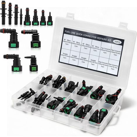 Kit de 36 Raccords Rapides pour Conduite de Carburant 12 Tailles  Kit de Connecteurs pour Durite d’essence 9,89 mm, 9,49 mm, 7,89 mm et 6,3 mm, ID 8 mm 3 mm 6 mm, Raccords Droits et Coudés (1/5)