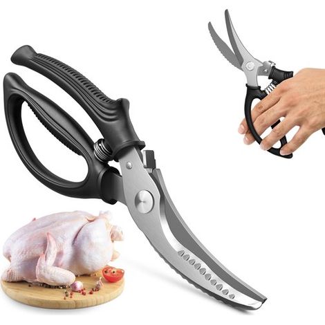 paio di forbici da cucina, in acciaio inossidabile, robuste e multifunzionali, ideali per tagliare carne, pollame, pesce, erbe aromatiche, ecc. Lavabili in lavastoviglie. (1/5)