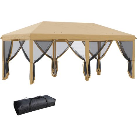 3 x 6m Pop Up Gazebo, Outdoor Canopy Shelter, Marquee Party Wedding Tent with 6 Mesh Walls and Carry Bag, Beige
