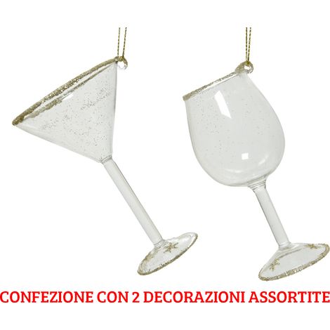 2 BICCHIERI APPENDIBILI COCKTAIL/VINO TRASPARENTI E ORO ASSORTITI ADDOBBI NATALIZI