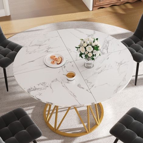 Table à manger ronde 100 cm effet marbre, pieds métalliques dorés design