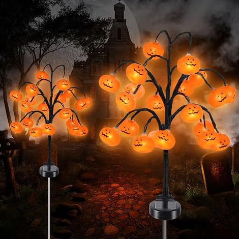 Solar Outdoor Light, 2 Piece Decorative Pumpkin Lights with Realistic Grimace, Solar Garden Light IP65 Waterproof LED Solar Light, Halloween Decoration for Paths, Lawns, Patios (1/5)