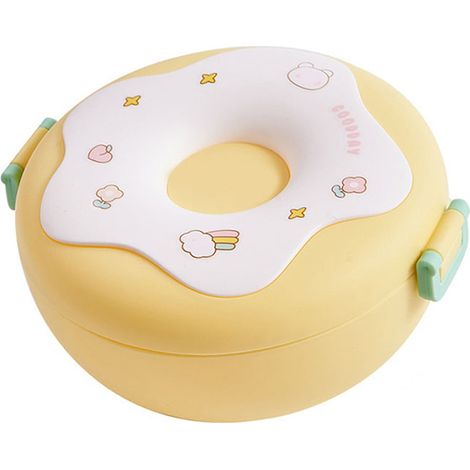 Boîte à bento en forme de donut, chauffante, avec couvercle, fourchette et cuillère, en plastique jaune, idéale pour le bureau et l'école.