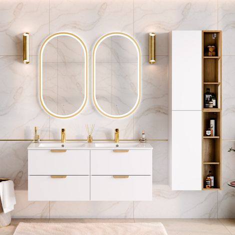 Ensemble meuble double vasque encastrée 120cm et colonne Oria Blanc mat (1/5)