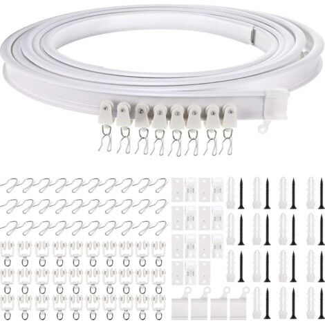 Support de rail de rideau flexible de 5 m et rail de fenêtre incurvé (blanc avec crochet argenté)