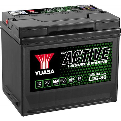 Yuasa – Batterie décharge lente 12V 80Ah L2680 – Pour camping car, bateau, énergie solaire – Sans entretien, dimensions 260x174x225mm
