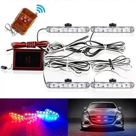 Set 4-in-1 Polizeiblinker 4-LED Rot-Blau-Blitzlampe mit Fernbedienung, kabellose Polizei-Kühlergrillleuchte, Notfallleuchte für Auto, LKW - JXLGV (1/4)