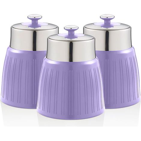 SWAN SWKA1024PURN Set 3 Botes Cocina Almacenaje 1,2 L, Plástico y Acero Inox, Especias, Té ,Café, Retro, Vintage  Morado