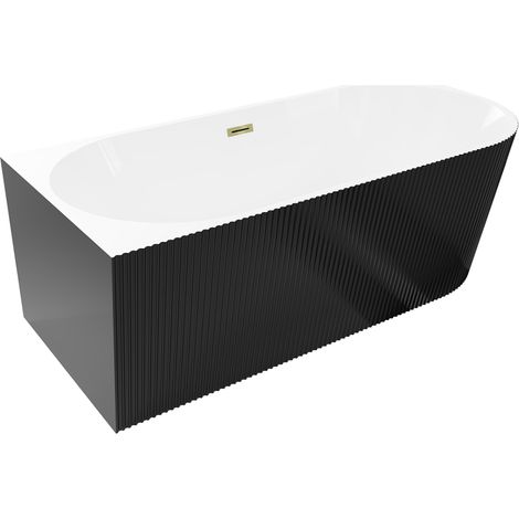 Mexen Silo freistehende Eckwanne links geriffelt 150 x 75 cm, weiß/schwarz, Überlauf gold - 52891507575L-50