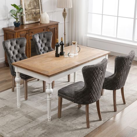 4er-Set Esszimmerstühle aus grauem Samt mit Ziernägeln und Holzbeinen HAVRYA (1/5)