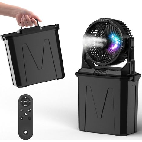 Ventilatore nebulizzatore portatile con serbatoio dell'acqua da 10 litri e batteria da 20.000 mAh per patio. Ventilatore con funzione nebulizzante, 4 modalità di nebulizzazione e telecomando. (1/5)