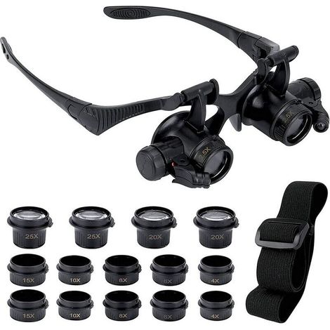 Loupe avec 2 lumières LED. 8 lentilles amovibles. loupe montée sur la tête. loupe mains libres pour réparation. lecture. bijoux. montres (2.5X 4X 6X 8X 10X 15X 20X 25X) (1/5)