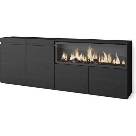 Aparador Cartajima-01 de 208x35x75 cm con 4 puertas, chimenea eléctrica XXL, color negro (1/4)
