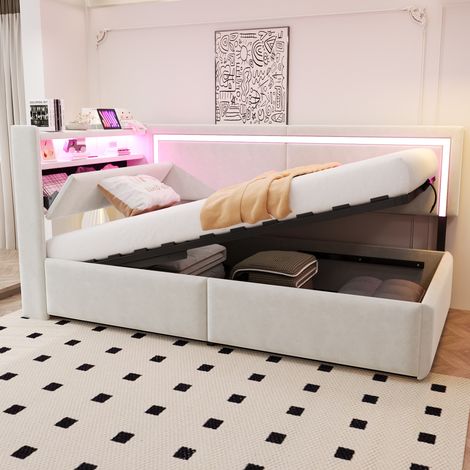 Divano letto 90x200 cm in velluto beige con LED e USB, salvaspazio, senza materasso – MEUBLIV (1/5)