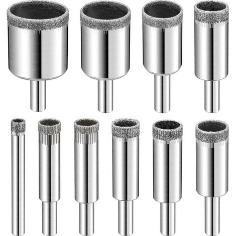 Jeu de 10 forets diamantés, scie cloche pour verre/carrelage/céramique/marbre, perceuse, jeu de forets multifonctionnels argenté (1/5)