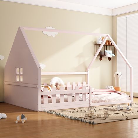 Lit enfant 140x200 cm avec barrière de sécurité, maisonnette en pin rose
