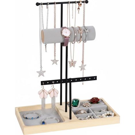 Organisateur De Bijoux Noir En Forme De T, Support Gain De Place Pour Colliers, Bracelets, Bagues Et Montres. Porte-Bijoux Élégant Avec Plusieurs Crochets. Rangement De Bijoux Au Design Moderne. (1/5)