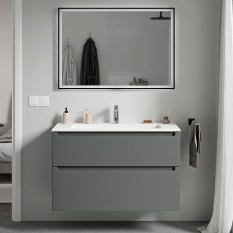 Unterschrank Bernstein VIREO 80 cm mit Mineralguss Waschbecken BRUXELLES - Korpus Anthrazit matt, Waschbecken Weiß matt mit Hahnloch