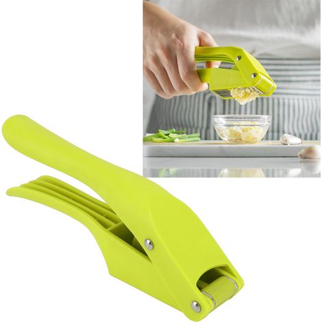 Knoblauchpresse und -schneider aus PP-Kunststoff, 2-in-1-Knoblauchpresse und -schneider für den Haushalt, multifunktionales Küchengerät, grün. (1/5)