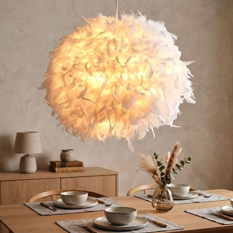 Decken Hänge Lampe Enten Federn weiß Wohn Ess Zimmer Kugel Leuchte im Set inkl. LED Leuchtmittel (1/5)