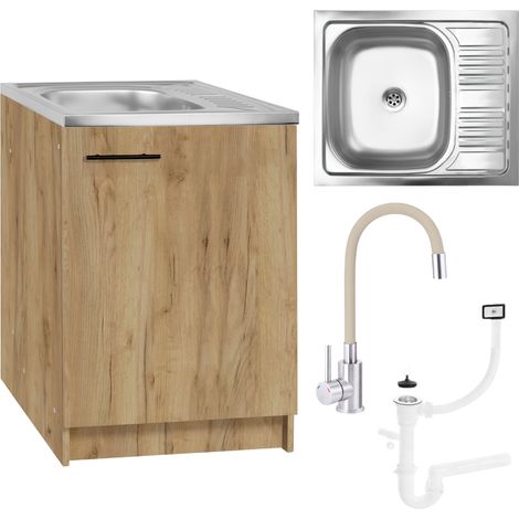 Küchenschrank, goldene Eiche – 60 x 50 cm – Beigefarbener flexibler Siphon – Spüle – Armatur von Deante