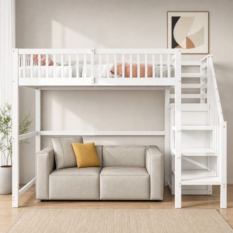 MEUBLIV Letto a soppalco 90x200 cm bianco con scala e vano contenitore, senza materasso (1/5)