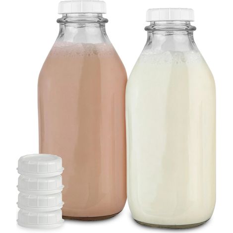 2 Lot Bouteille en verre, 32 oz, avec bouchon blanc, pour lait, jus, eau, miel, réfrigérateur (1/5)