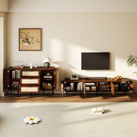 Wohnwand Set TV Lowboard und Sideboard (180x40x45 cm, 120x40x82 cm), Geflechtfronten, MDF, Walnuss (1/5)