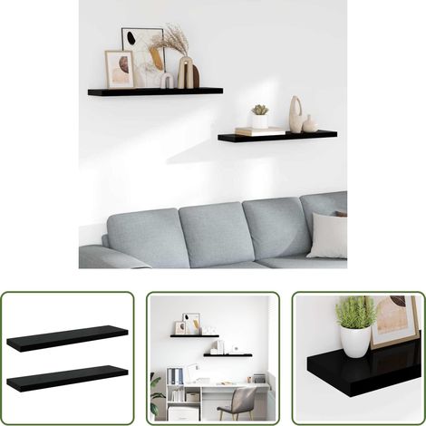 Étagère décorative - Étagère murale flottante 2 pcs Noir brillant 90x23,5x3,8 cm MDF (1/5)
