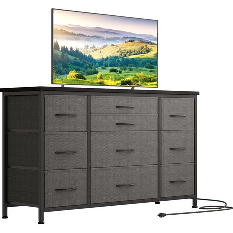 Commode de Chambre à 10 Tiroir en Tissu, Meuble TV Avec Station de Charge pour Salon, Chambre, Couloir, 121x39x70 cm Gris (1/5)