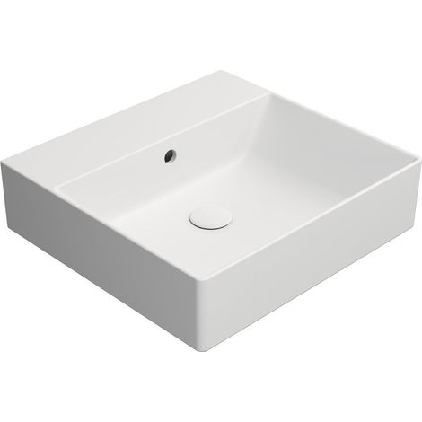 Lavabo en céramique KUBE X 50x47cm, bord inférieur rainuré, sans trou pour robinetterie, blanc mat (1/4)