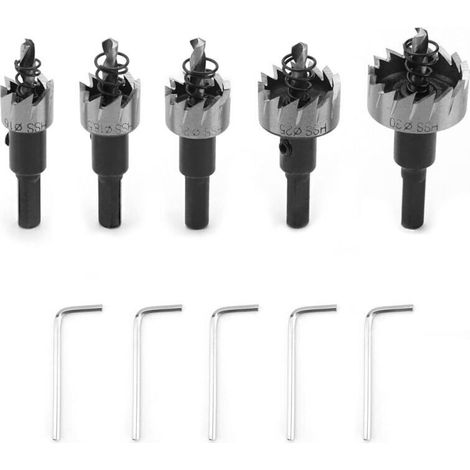Ce jeu de 5 scies cloches en acier rapide est disponible dans les tailles 16/18,5/20/25/30 mm et convient à l'acier, à l'acier inoxydable, au bois, au plastique et au métal. (1/4)