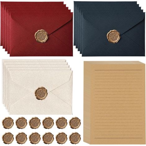 Lot de 50 feuilles de papier à lettre avec enveloppe, 15 enveloppes en lin et 20 papiers à lettre A5 vintage et 15 sceaux de cire autocollants, lettre d'amour pour anniversaire, mariage, invitation (1/5)