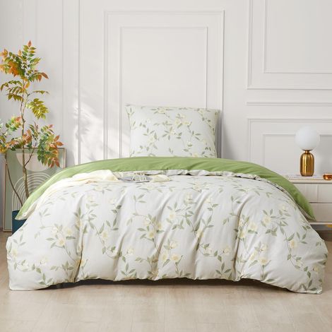 Bettwäsche-Set 155x220 cm Baumwolle Blumenmuster Weiß Grün 2-teilig