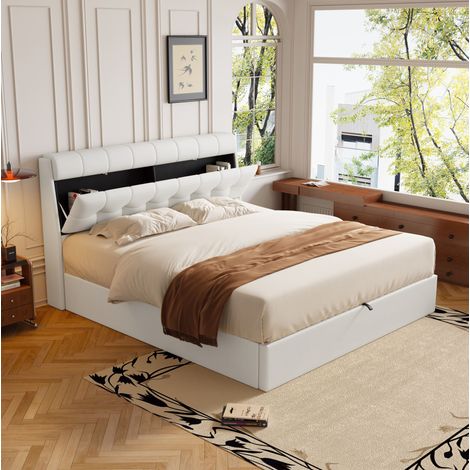 Cama doble con almacenamiento hidráulico PU blanca OKMYHOME (1/5)