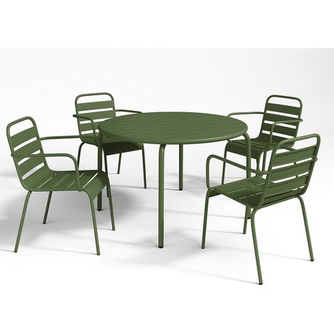 Salle à manger de jardin en métal - une table D.110 cm et 4 fauteuils empilables - Kaki - MIRMANDE de MYLIA (1/5)