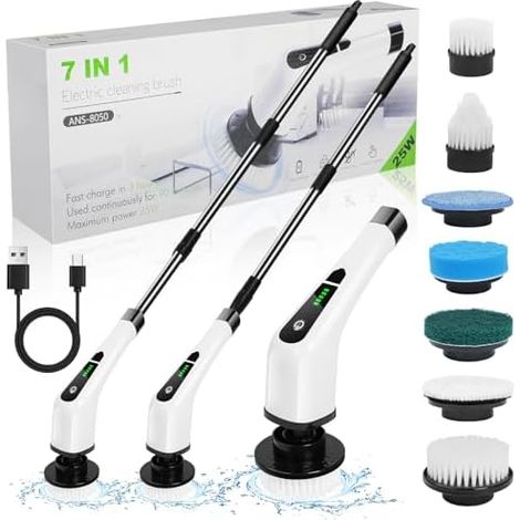 Electrique Nettoyage Rotative, Brosse de Electrique, sans Fil avec 7 Têtes Brosse, Remplaçables Poignée d'extension Réglable, pour Salle Bain Cuisine Electric Spin Scrubber Style A- - (1/5)