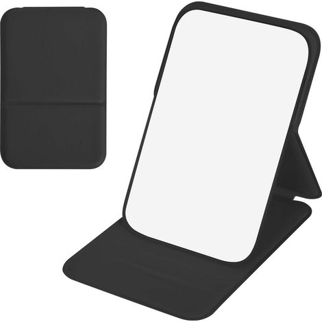 Miroir de poche, 11 x 7 cm, miroir de table, pliable, portable, miroir de maquillage avec revêtement en cuir PU, idéal pour le rasage ou l'application du maquillage (noir)