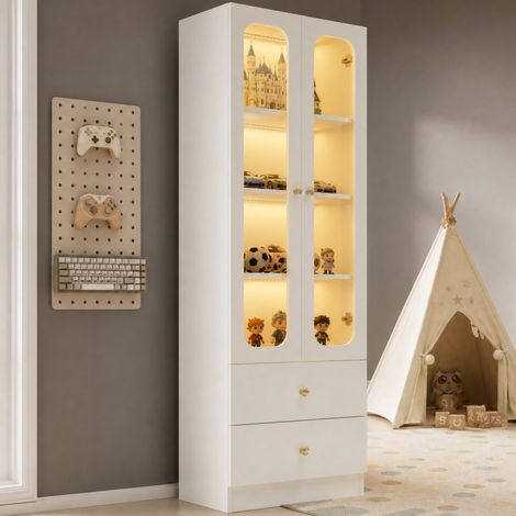 Vitrine avec LED pilotée par application, tiroirs et poignées métalliques dorées, blanc (1/5)