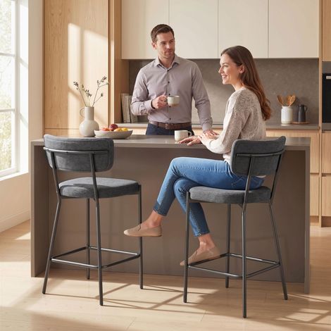 Tabourets de bar dans un ensemble de 2 chaises de bar rembourrées avec dossier courbé,pour îlot de cuisine,espace petit-déjeuner,gris