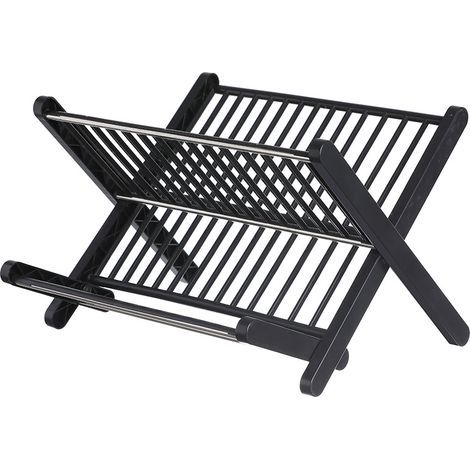 Black collapsible X-shaped dish rack, no assembly required, double-layered drip tray. (1/5)