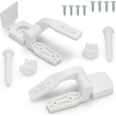 Bisagra de repuesto de plástico blanco para asiento de inodoro con pernos, tornillos y tuercas. (1/5)