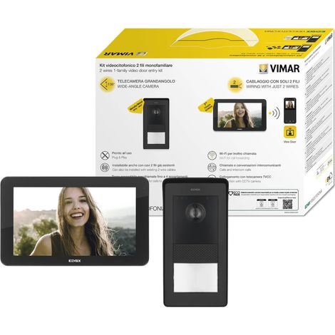 Vimar K42975 Kit videocitofonico da parete, videocitofono touch vivavoce Wi-Fi a colori LCD 7", targa audiovideo 1 pulsante, 1 alimentatore 40103, con staffe per il fissaggio a parete, nero (1/4)