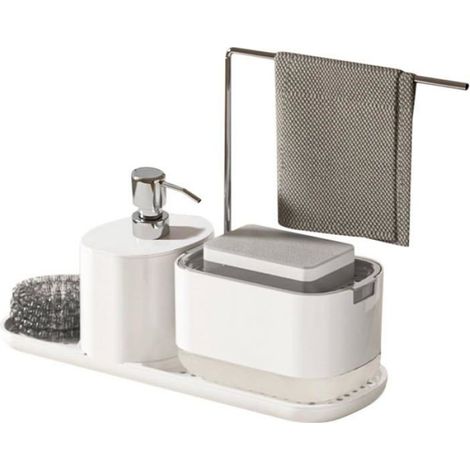 1 Ensemble distributeur savon, porte-éponge, plateau égouttoir, porte-torchons, acier inoxydable ABS, cuisine (1/5)