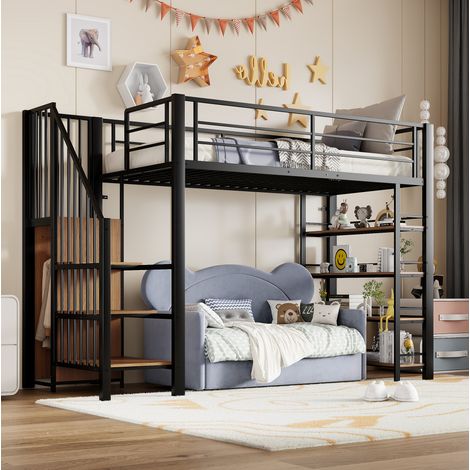 Letto a soppalco 90x200 cm nero in MDF e metallo con scala contenitore e armadio (1/5)