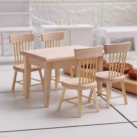 Table and Chair Wooden Dollhouse Furniture, Miniature Dollhouse Accessories - 1/12 Scale (1/5)