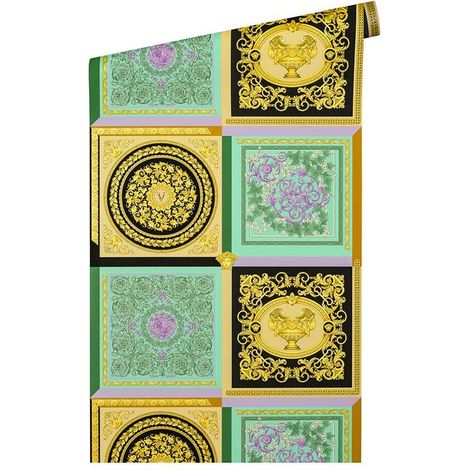 Papier peint baroque vert, noir, doré Tapisserie effet carreaux en mosaïque Papier peint luxe ornements idéal pour couloir (1/4)