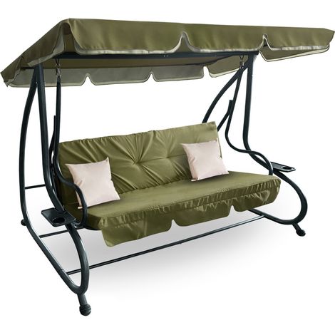 Aga Gartenschaukel 2in1 GRANDLUX Gartenschaukel 3-Sitzer Gartenliege,Schaukel,Gartenbank bis 250 Kg, Olive